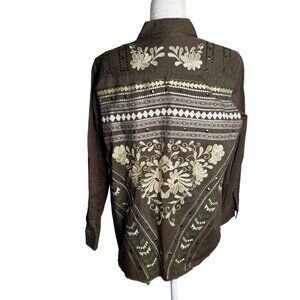 Sheryl Crow Embroidered Shirt Jacket Large Army Green Snaps Collared Pockets